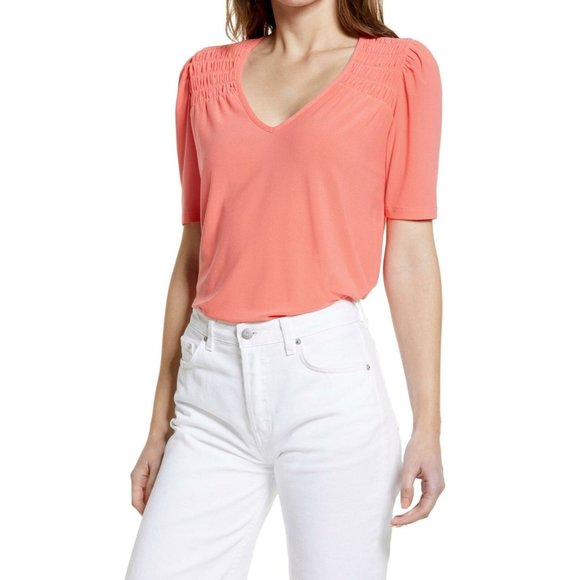 NWT Halogen Coral Glow Puff Shoulder V-Neck Top Shirred Detail Women's Size XS - Picture 1 of 7